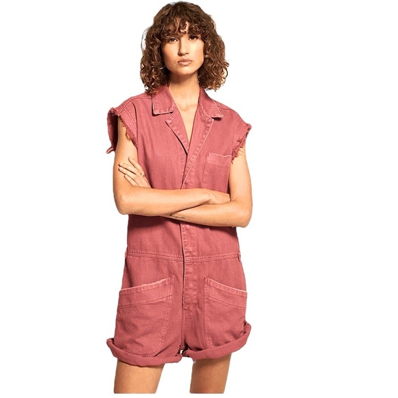 Aaron & Amber Denim Utility Romper Jumpsuit Salmon Pink Raw Edge Short Sleeve - Picture 1 of 15